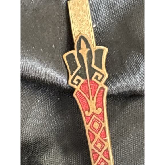 Vintage Art Deco Brooch Pin Bar Enamel Guilloché Red & Black Gold Tone By F&R - Picture 5 of 12